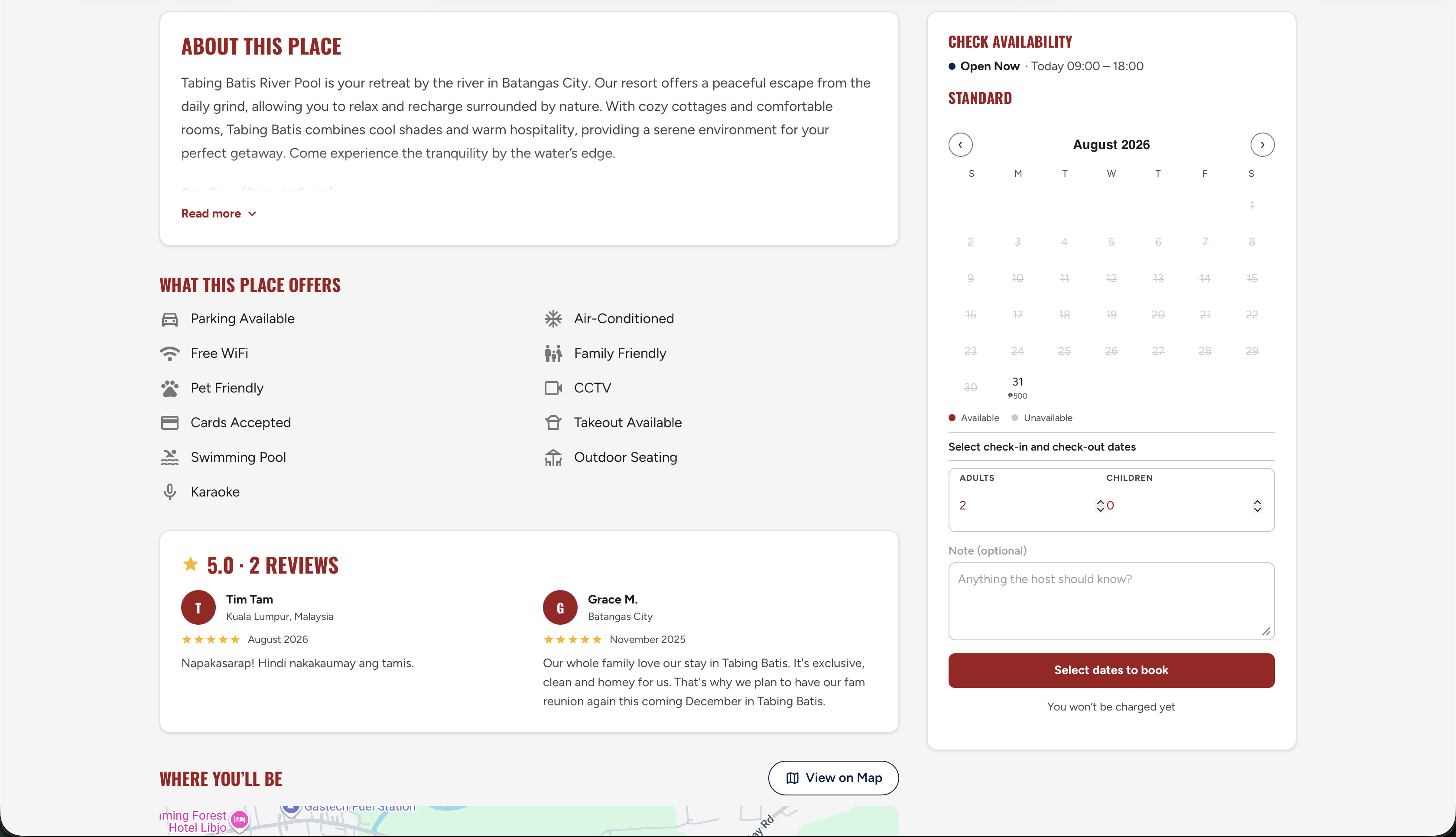 Amazing Batangas live booking widget with calendar and guest selector