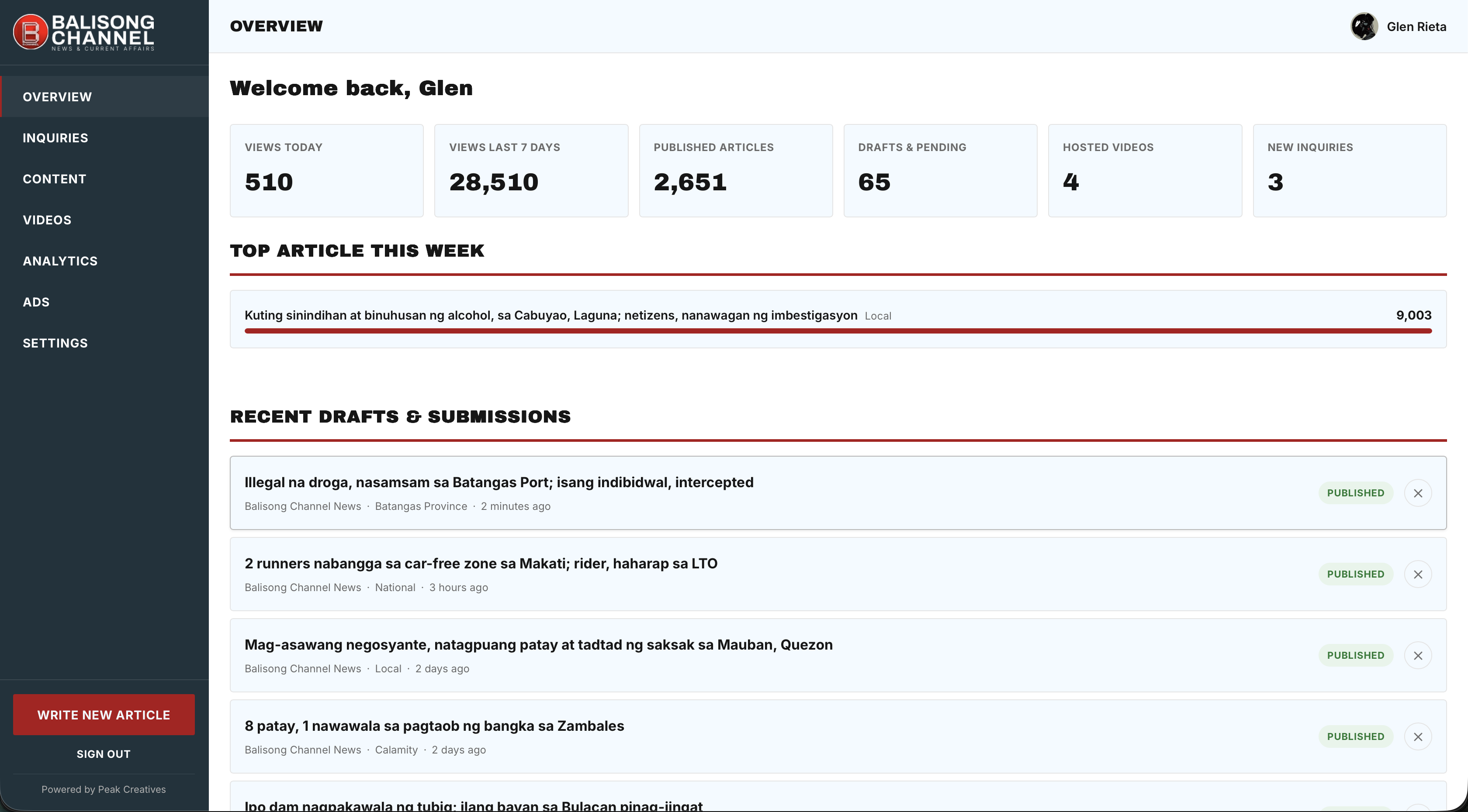 BalisongChannel Newsroom dashboard overview with traffic and article stats