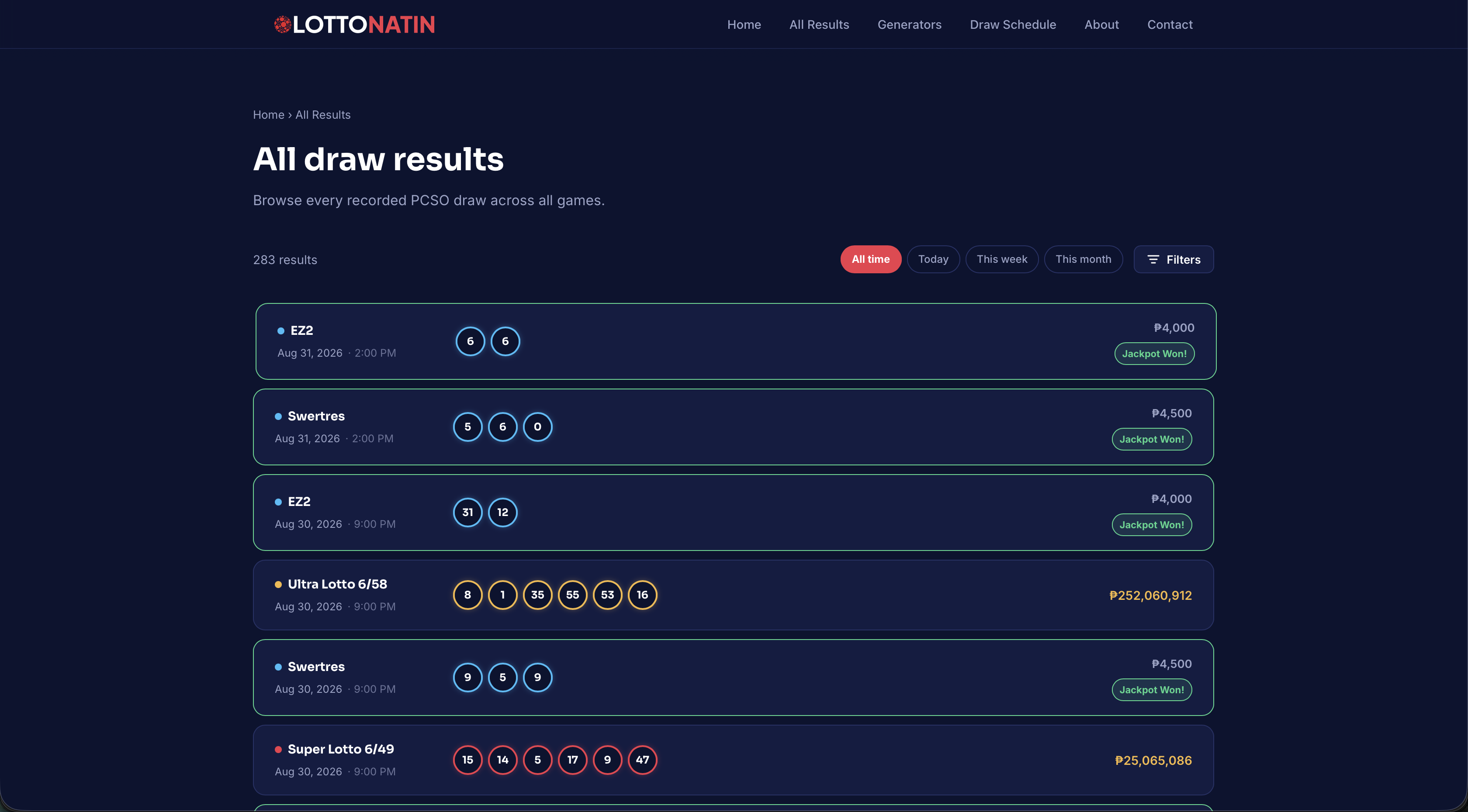 LottoNatin all results archive with filters