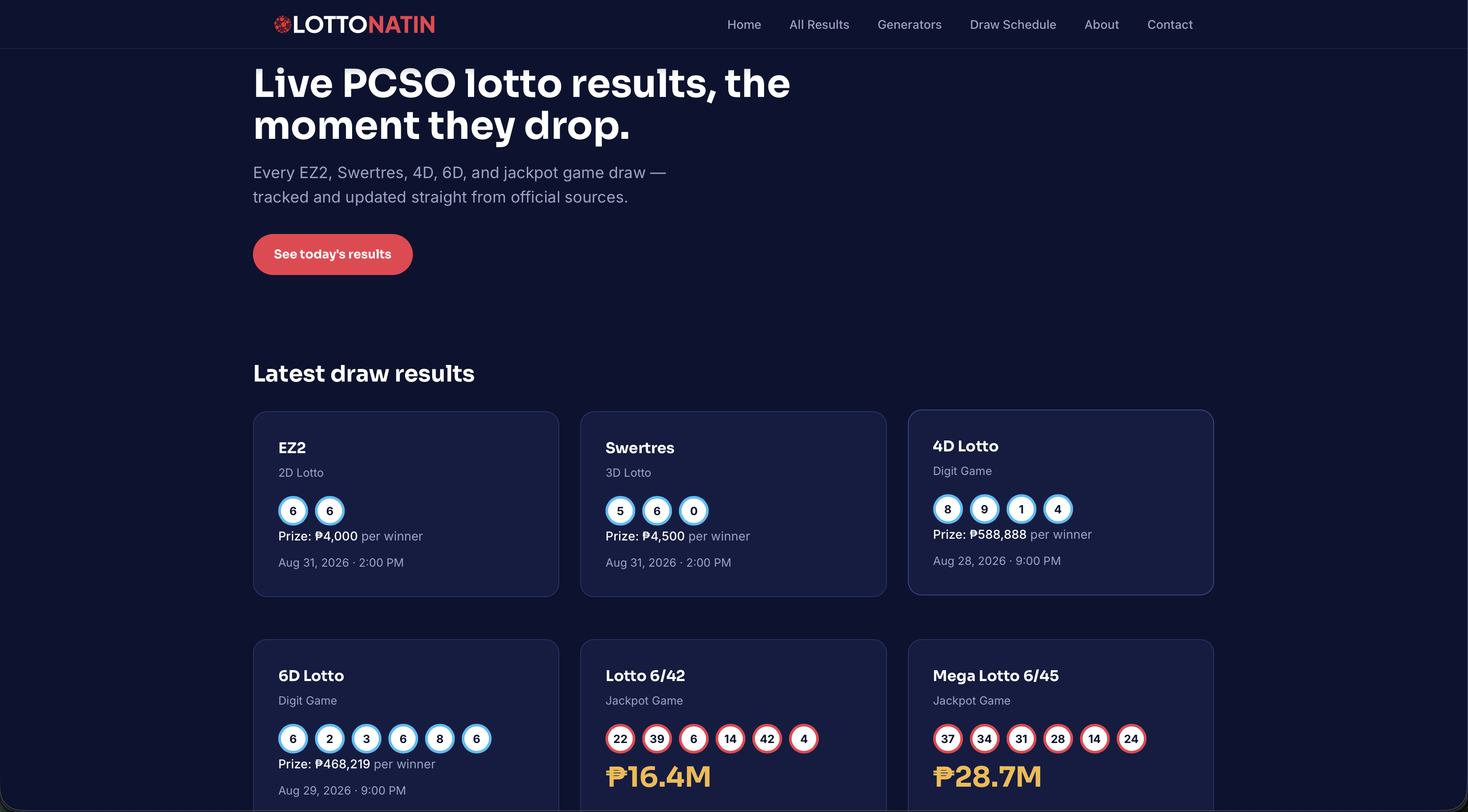 LottoNatin homepage showing live draw results
