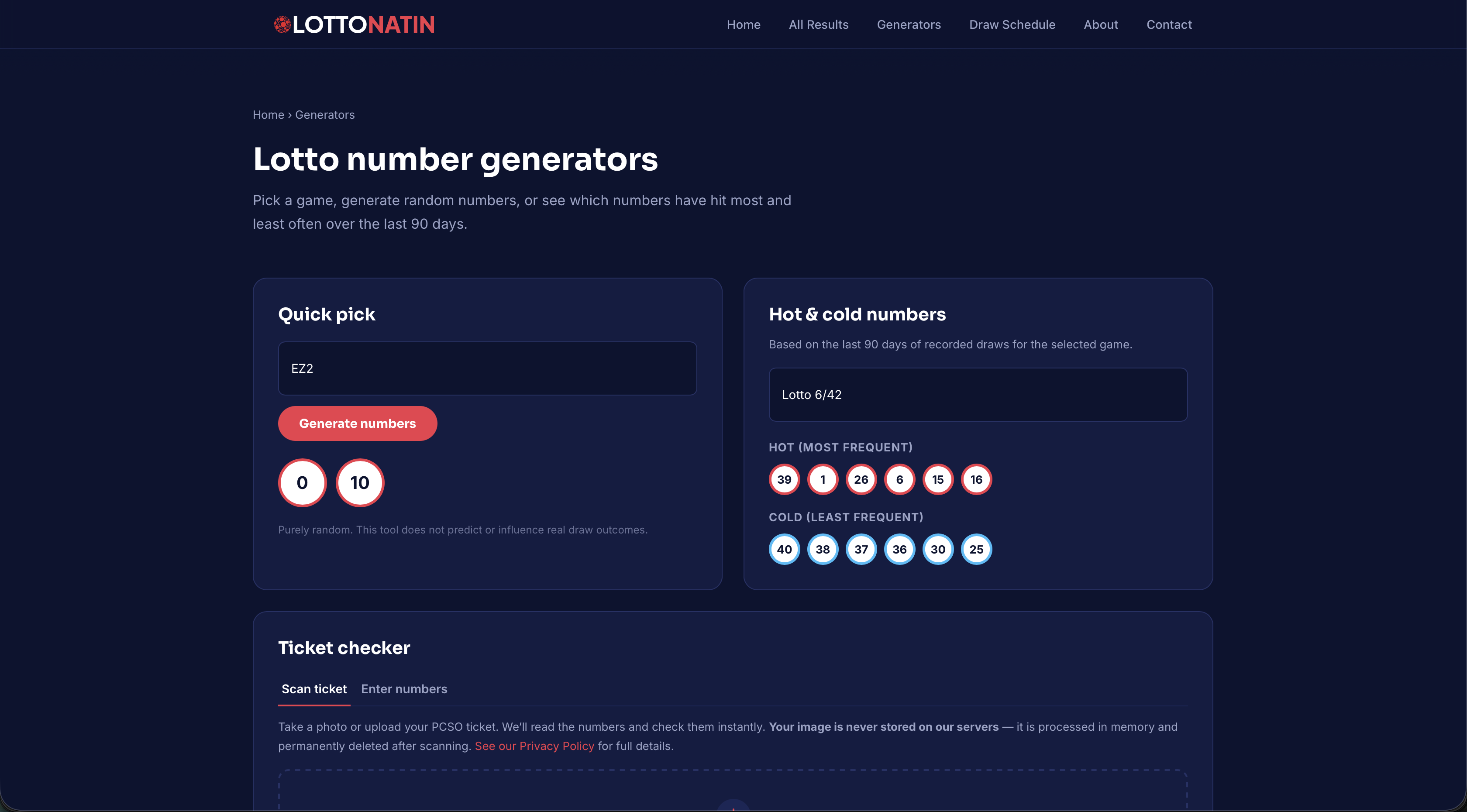 LottoNatin number generator with quick pick and hot and cold numbers