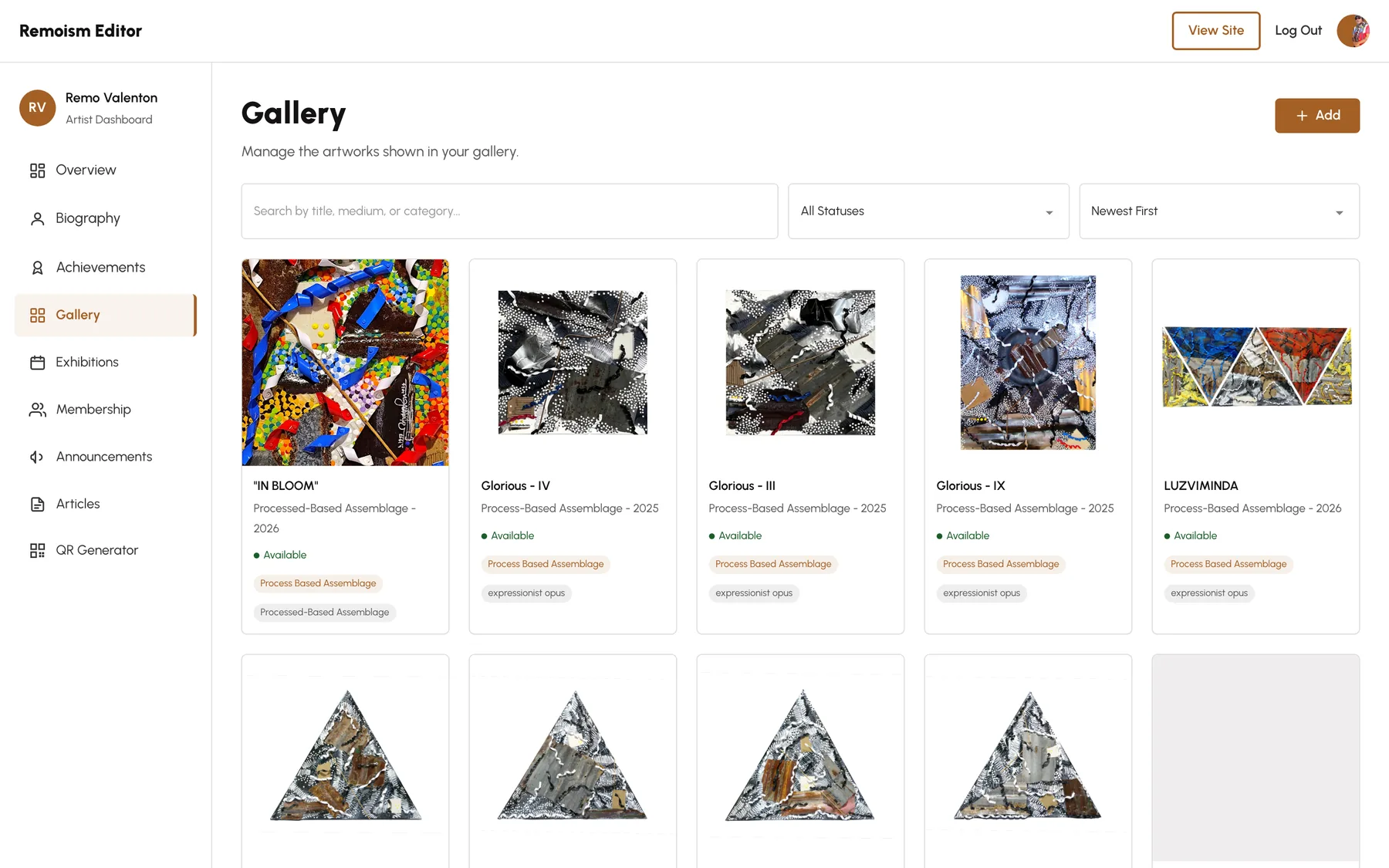 The Remoism artist dashboard, open on the Gallery panel