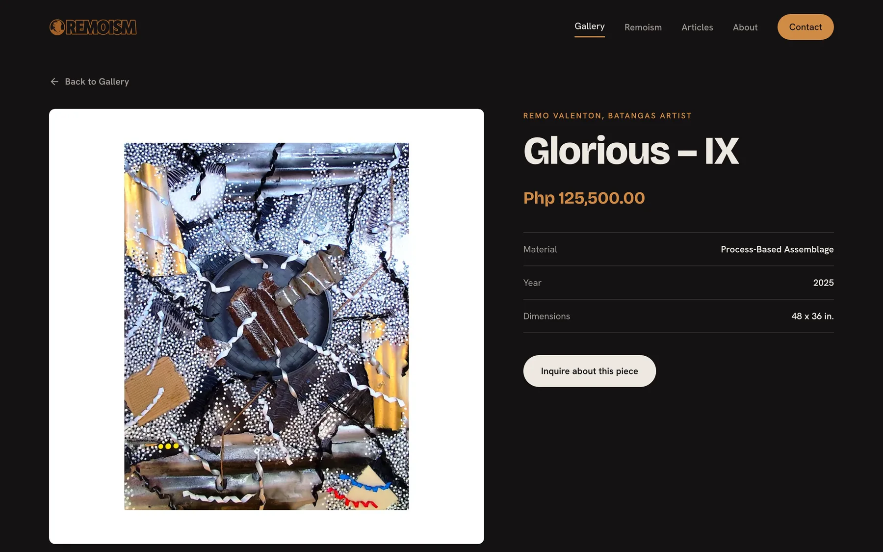 A Remoism artwork page showing the price, details and inquiry button
