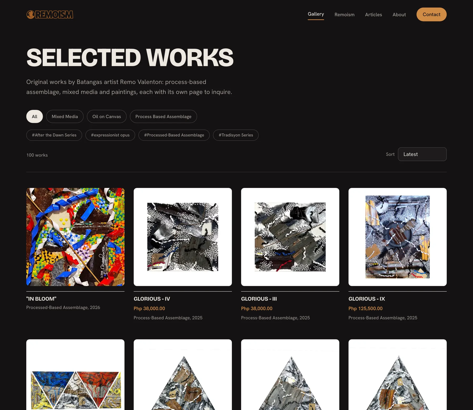 Remoism gallery with category and tag filters and priced artwork cards