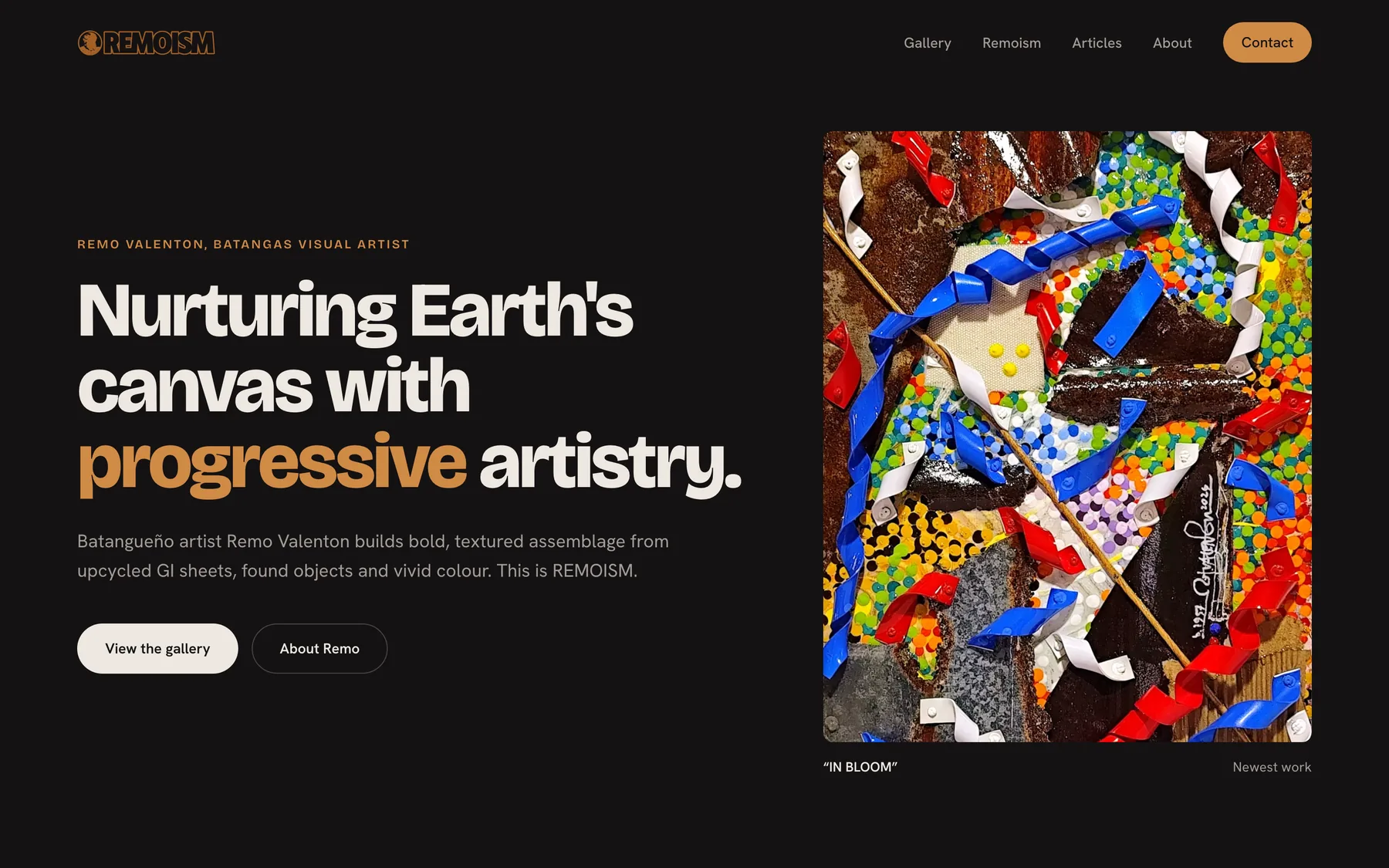 Remoism homepage in the Dark Studio redesign, with the newest artwork beside the headline