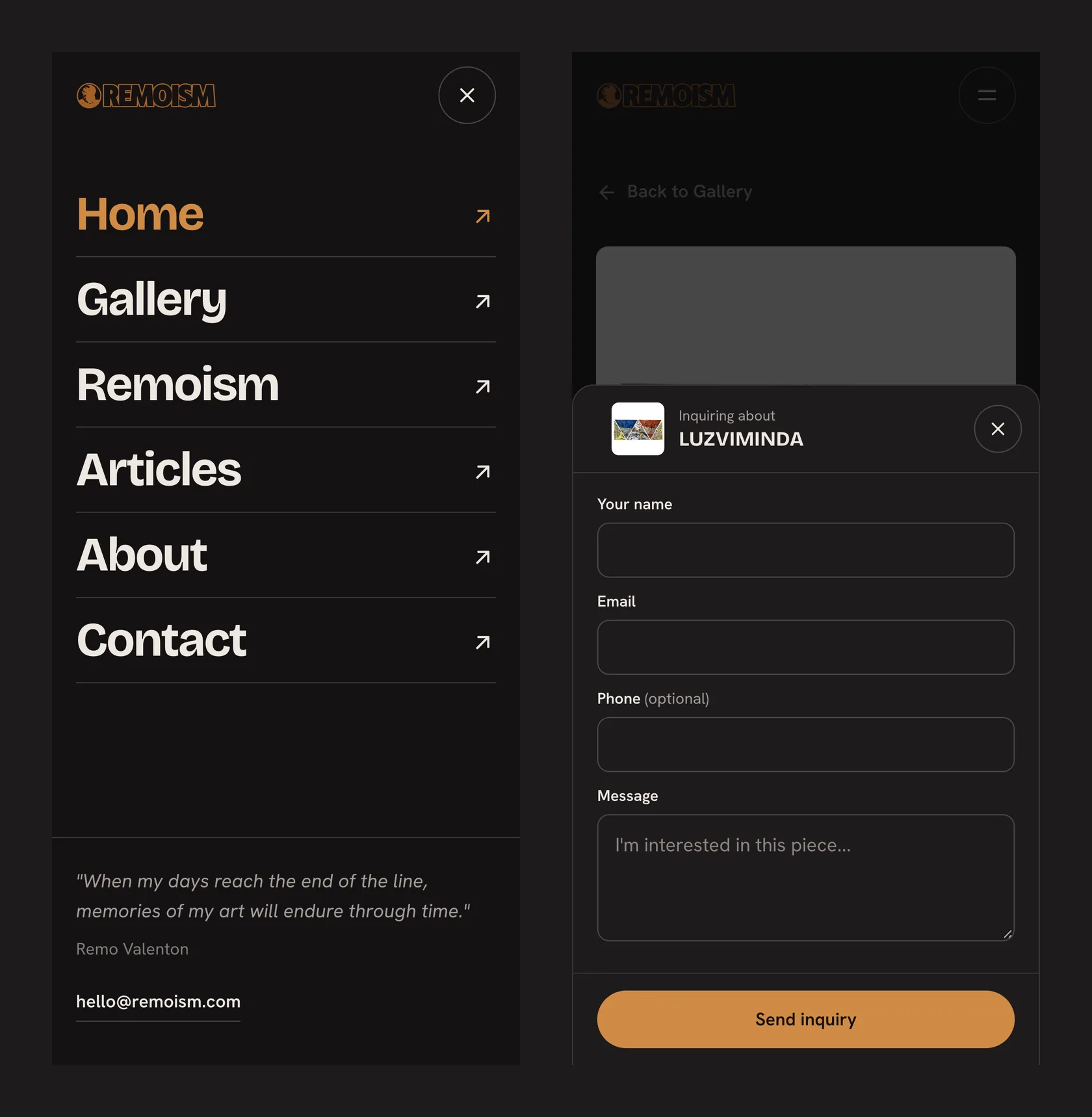 Remoism on a phone: the full-screen menu and the inquiry bottom sheet