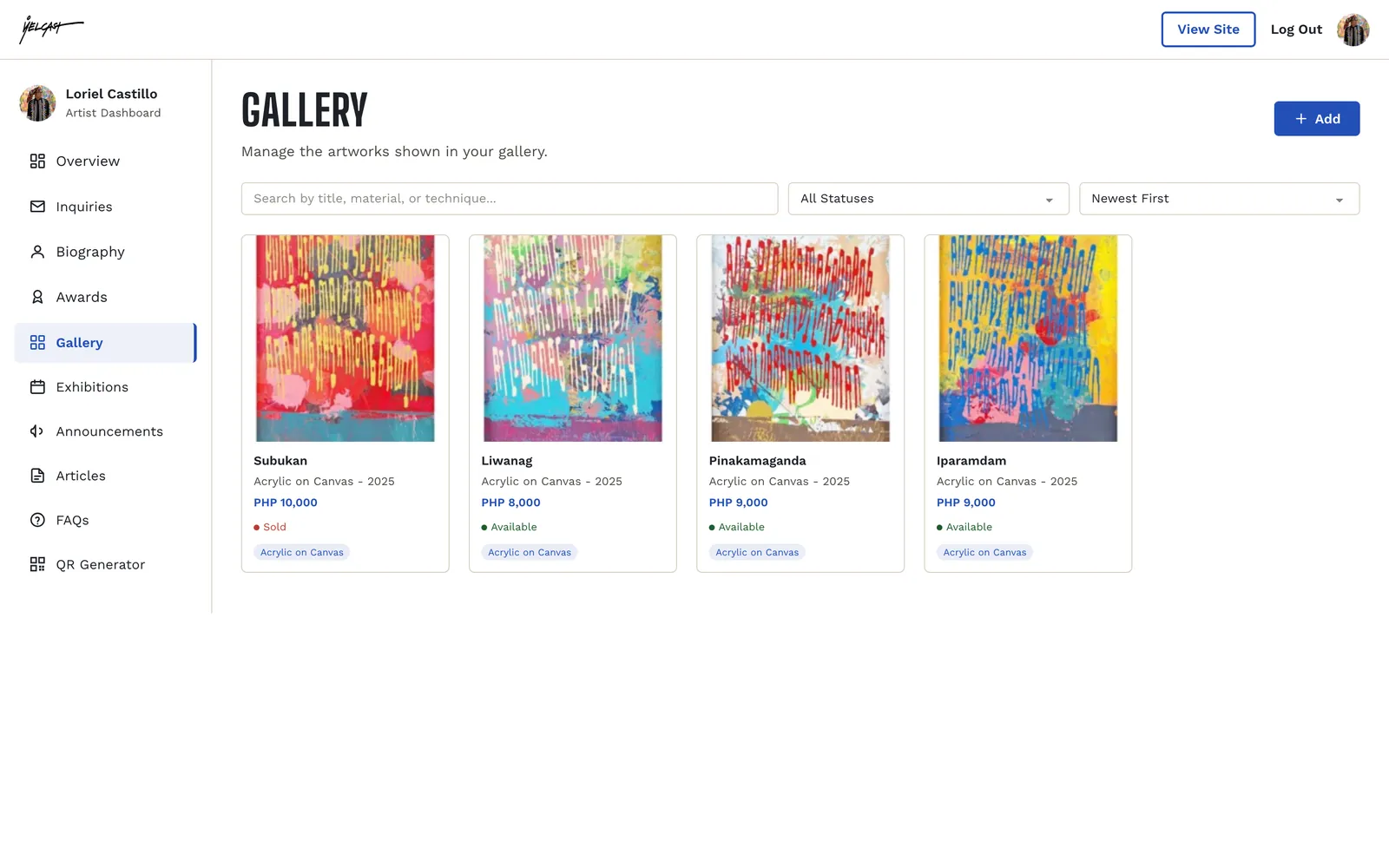 The Yelcast artist dashboard open on the Gallery panel