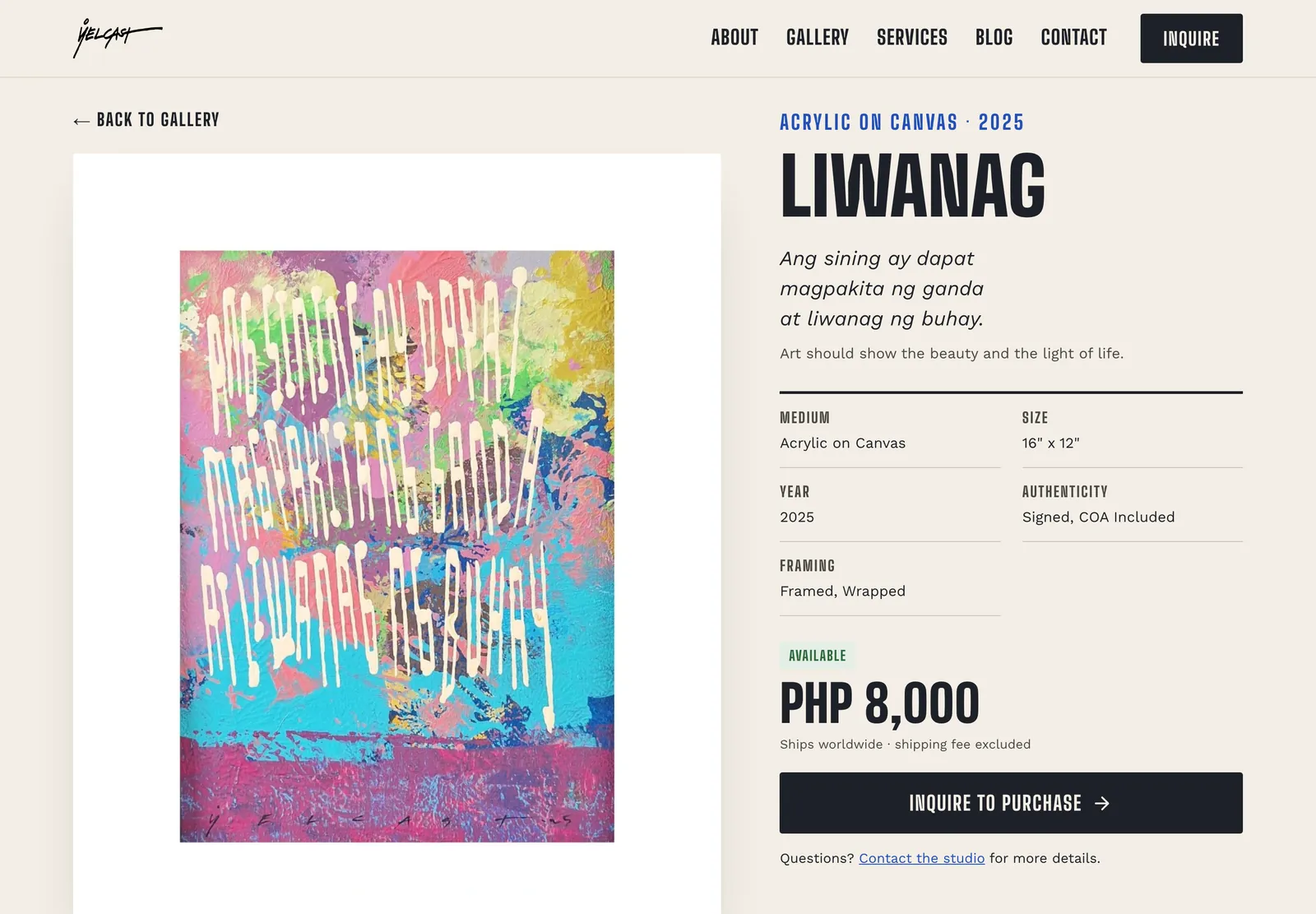 A Yelcast artwork page with the painting on a white mat, its Tagalog verse, details and the inquiry button