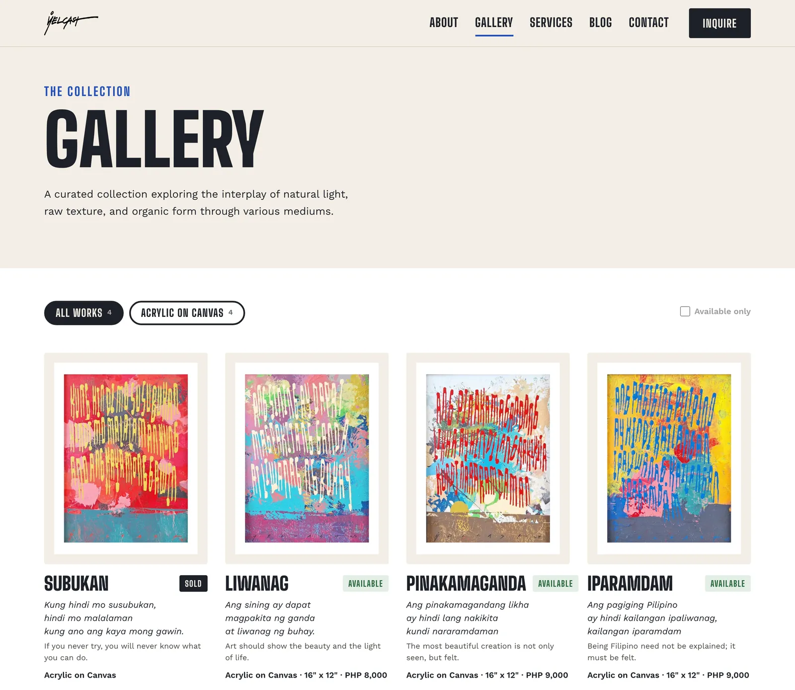 Yelcast gallery with technique filters and painting cards showing each verse, translation and price