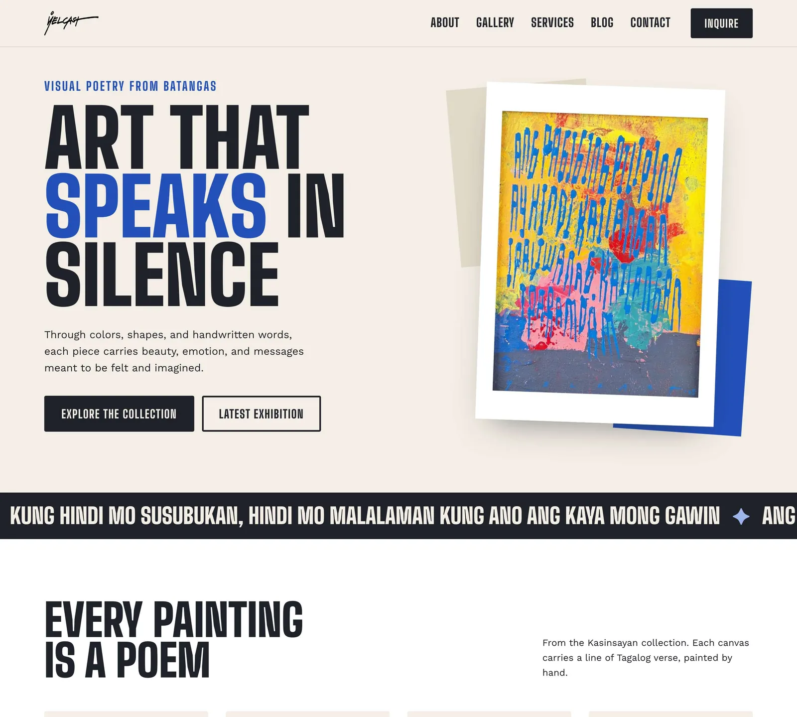 Yelcast homepage: the headline Art that Speaks in Silence beside a hand-lettered painting, over a strip of painted verses