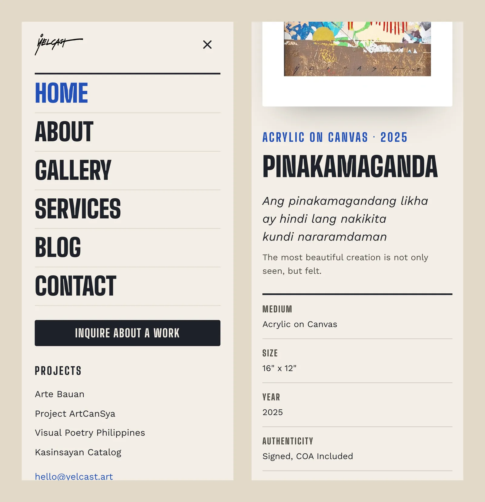 Yelcast on a phone: the full-screen menu and an artwork page